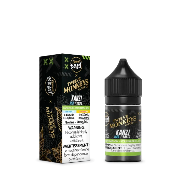 Flavour Beast X 12 Monkeys Kanzi 30mL Salt Nic with watermelon, strawberry, and kiwi ice flavour.