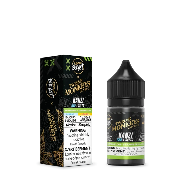Flavour Beast X 12 Monkeys Kanzi 30mL Salt Nic with watermelon, strawberry, and kiwi ice flavour.