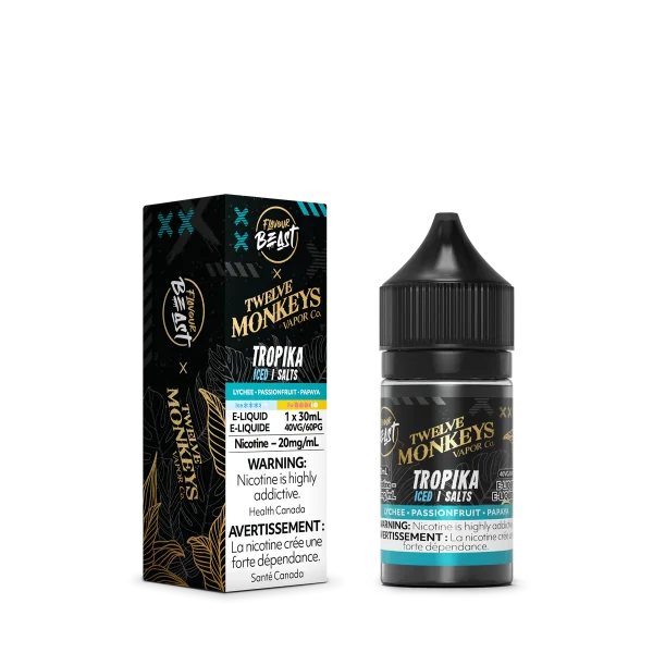 Flavour Beast X 12 Monkeys Tropika 30mL Salt Nic with lychee, passion fruit, and papaya ice flavour.