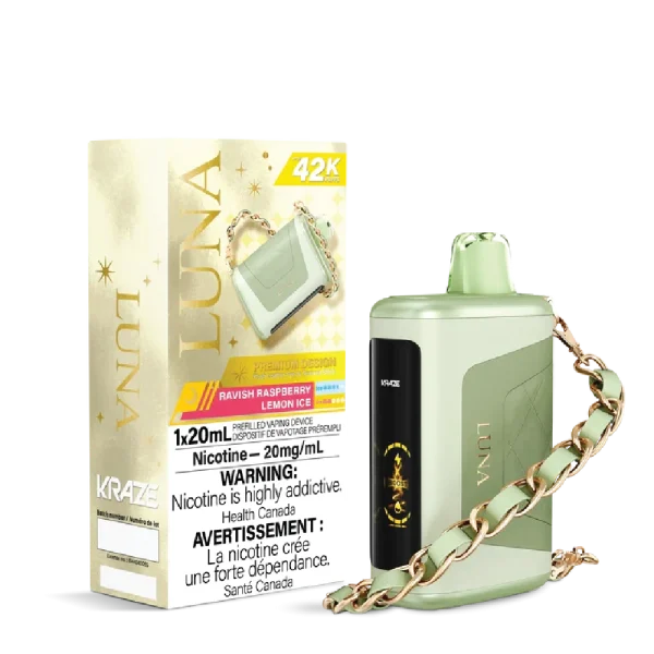 Kraze Luna disposable vape with 42,000 puffs, leather-textured finish, HD screen, and 20mL capacity; available for same-day delivery in Calgary.