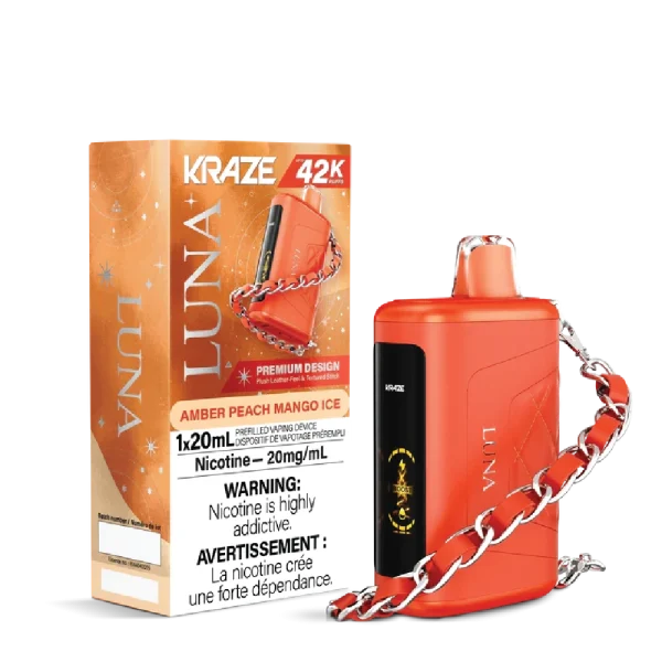 Kraze Luna disposable vape with 42,000 puffs, leather-textured finish, HD screen, and 20mL capacity; available for same-day delivery in Calgary.