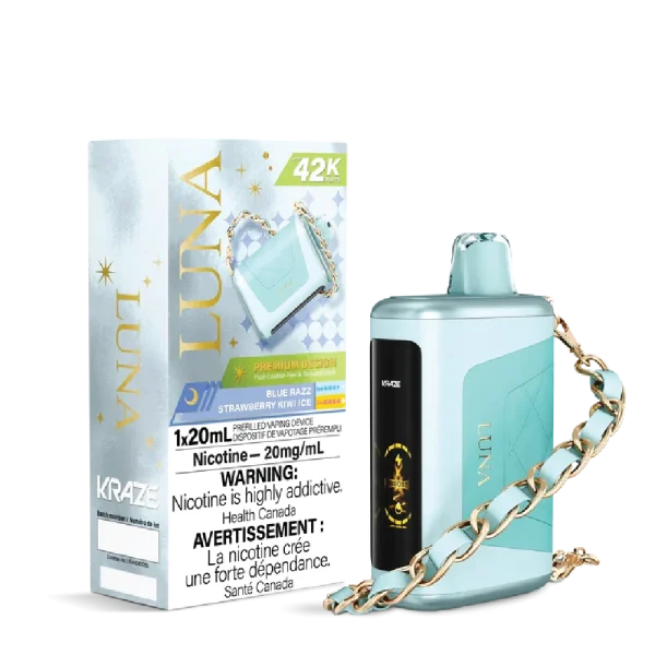 Kraze Luna disposable vape with 42,000 puffs, leather-textured finish, HD screen, and 20mL capacity; available for same-day delivery in Calgary.