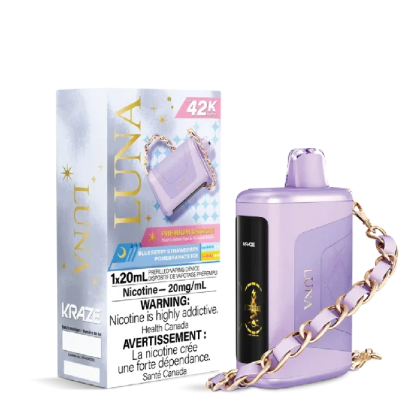 Kraze Luna disposable vape with 42,000 puffs, leather-textured finish, HD screen, and 20mL capacity; available for same-day delivery in Calgary.
