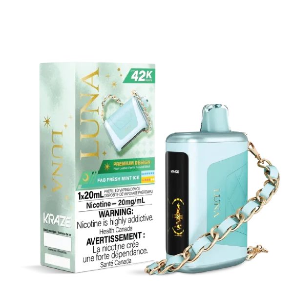 Kraze Luna disposable vape with 42,000 puffs, leather-textured finish, HD screen, and 20mL capacity; available for same-day delivery in Calgary.