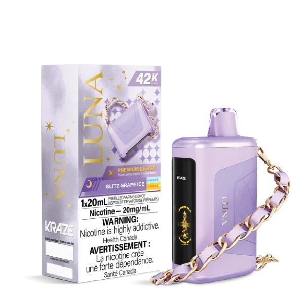 Kraze Luna disposable vape with 42,000 puffs, leather-textured finish, HD screen, and 20mL capacity; available for same-day delivery in Calgary.