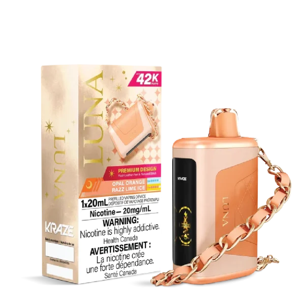 Kraze Luna disposable vape with 42,000 puffs, leather-textured finish, HD screen, and 20mL capacity; available for same-day delivery in Calgary.