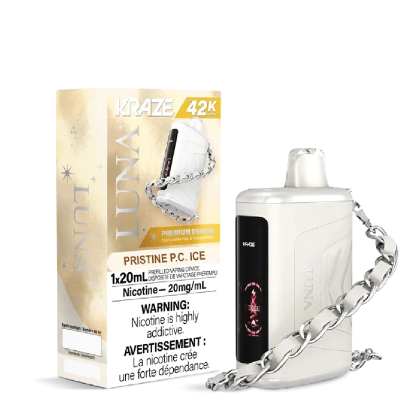 Kraze Luna disposable vape with 42,000 puffs, leather-textured finish, HD screen, and 20mL capacity; available for same-day delivery in Calgary.