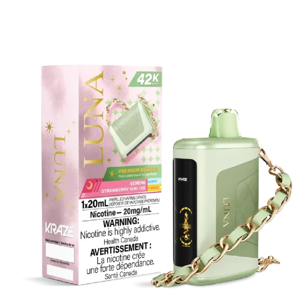 Kraze Luna disposable vape with 42,000 puffs, leather-textured finish, HD screen, and 20mL capacity; available for same-day delivery in Calgary.