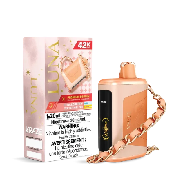 Kraze Luna disposable vape with 42,000 puffs, leather-textured finish, HD screen, and 20mL capacity; available for same-day delivery in Calgary.