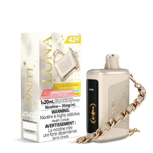 Kraze Luna disposable vape with 42,000 puffs, leather-textured finish, HD screen, and 20mL capacity; available for same-day delivery in Calgary.