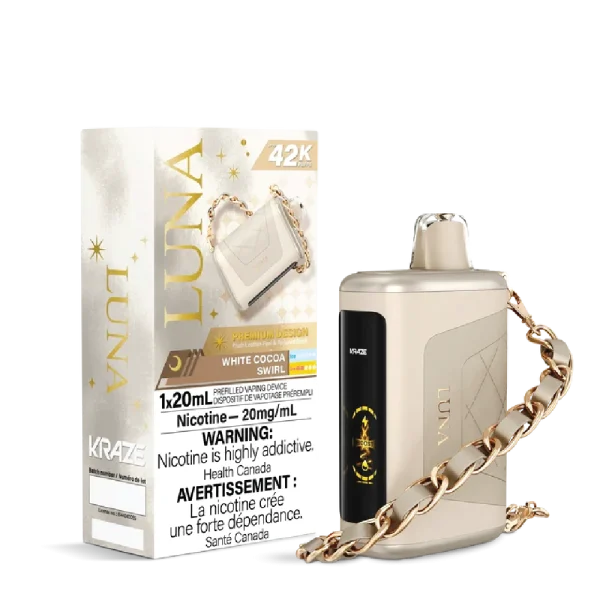Kraze Luna disposable vape with 42,000 puffs, leather-textured finish, HD screen, and 20mL capacity; available for same-day delivery in Calgary.