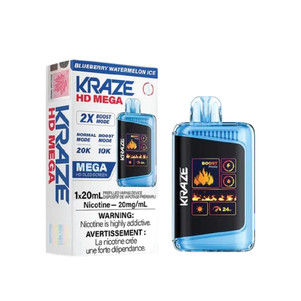 Kraze HD Mega 20K disposable vape featuring a large LED display, dual mesh coils, and 24W boost mode; available for Calgary delivery.