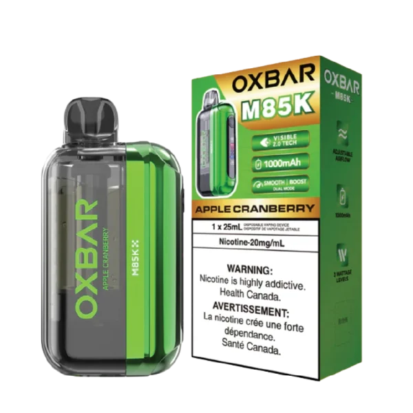 Oxbar M85K disposable vape (85,000 puffs) featuring a Visible 2.0 Tech Display and dual mesh coils; available for Calgary delivery.