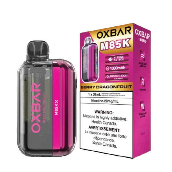 Oxbar M85K disposable vape (85,000 puffs) featuring a Visible 2.0 Tech Display and dual mesh coils; available for Calgary delivery.