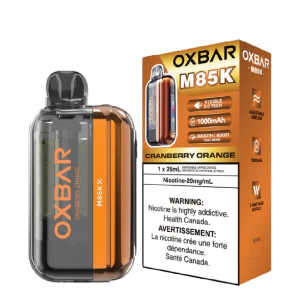 Oxbar M85K disposable vape (85,000 puffs) featuring a Visible 2.0 Tech Display and dual mesh coils; available for Calgary delivery.
