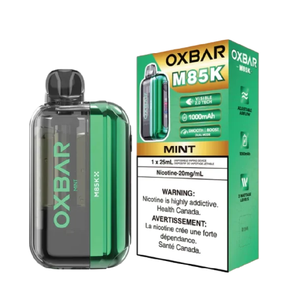 Oxbar M85K disposable vape (85,000 puffs) featuring a Visible 2.0 Tech Display and dual mesh coils; available for Calgary delivery.