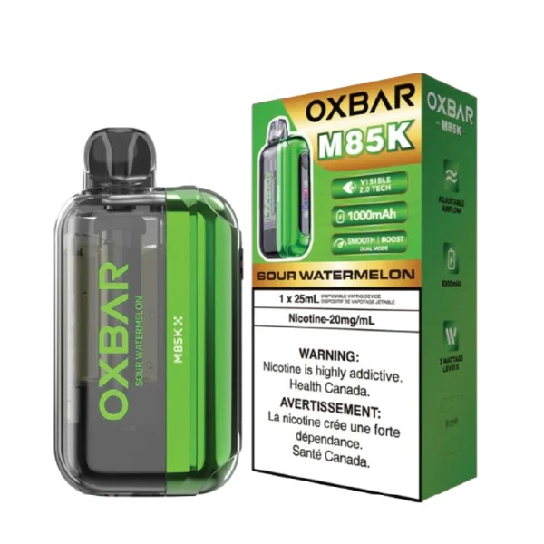 Oxbar M85K disposable vape (85,000 puffs) featuring a Visible 2.0 Tech Display and dual mesh coils; available for Calgary delivery.