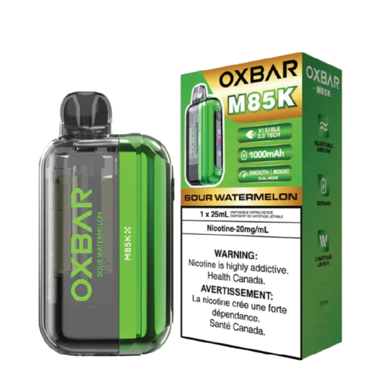 Oxbar M85K disposable vape (85,000 puffs) featuring a Visible 2.0 Tech Display and dual mesh coils; available for Calgary delivery.