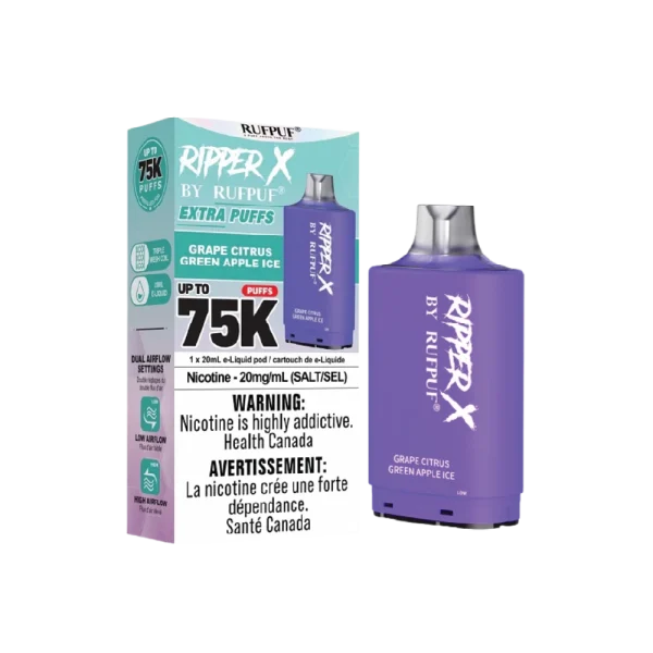Ruf Puf Ripper X 75,000 puff pod with 20mL capacity, dual mesh coils, and adjustable airflow; available for same day Calgary delivery.