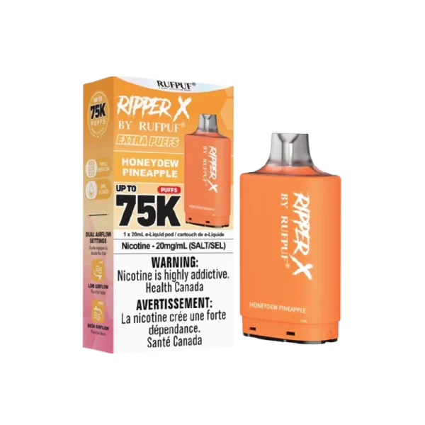 Ruf Puf Ripper X 75,000 puff pod with 20mL capacity, dual mesh coils, and adjustable airflow; available for same day Calgary delivery.