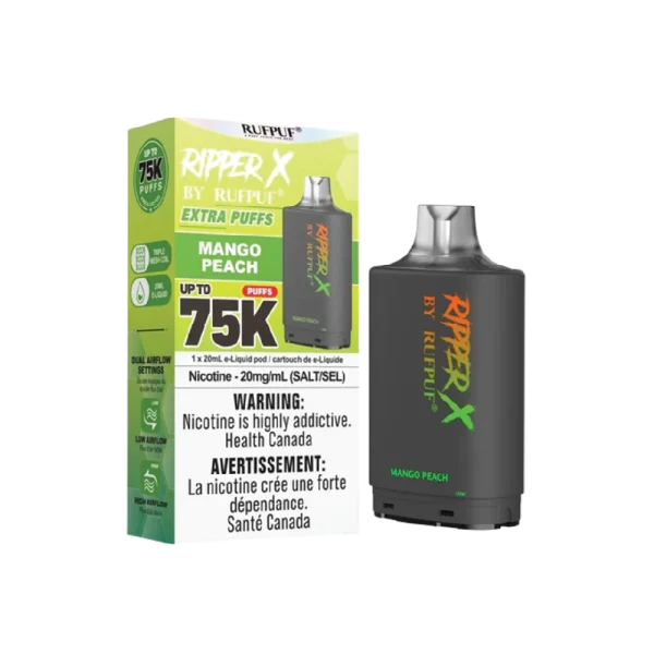 Ruf Puf Ripper X 75,000 puff pod with 20mL capacity, dual mesh coils, and adjustable airflow; available for same day Calgary delivery.