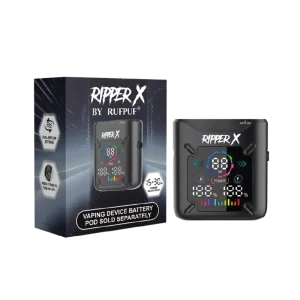 Ripper X Ultra Battery (1000mAh) shown in Metallic Dark Blue, Metallic Purple, and Metallic Black; features a compact design with Type-C charging.