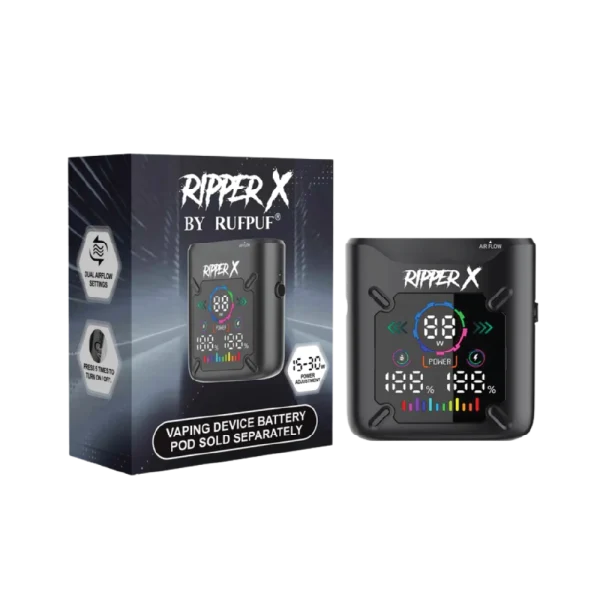 Ripper X Ultra Battery (1000mAh) shown in Metallic Dark Blue, Metallic Purple, and Metallic Black; features a compact design with Type-C charging.