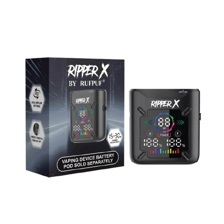 Ripper X Ultra Battery (1000mAh) shown in Metallic Dark Blue, Metallic Purple, and Metallic Black; features a compact design with Type-C charging.