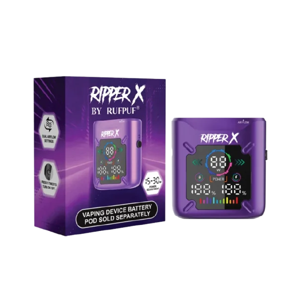 Ripper X Ultra Battery (1000mAh) shown in Metallic Dark Blue, Metallic Purple, and Metallic Black; features a compact design with Type-C charging.