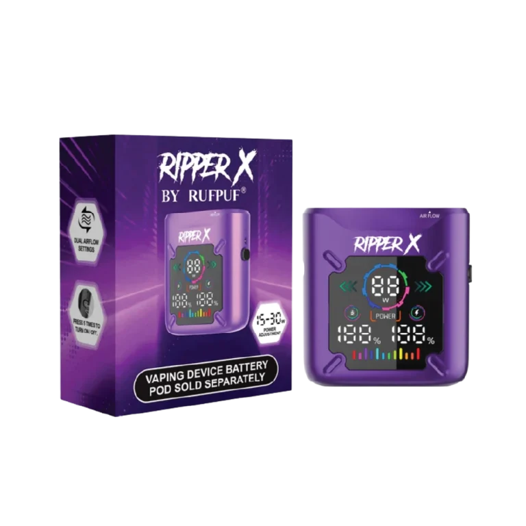 Ripper X Ultra Battery (1000mAh) shown in Metallic Dark Blue, Metallic Purple, and Metallic Black; features a compact design with Type-C charging.