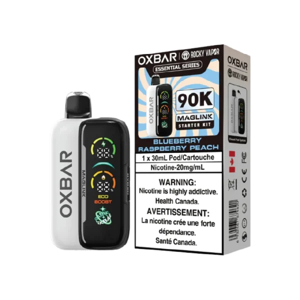 Oxbar Maglink 90K Blue Raspberry Peach disposable vape with 90,000 puffs and magnetic pod system.