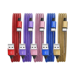 Braided USB-C charging cable in red, purple, pink, blue, and gold with reinforced connectors.