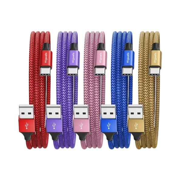 Braided USB-C charging cable in red, purple, pink, blue, and gold with reinforced connectors.
