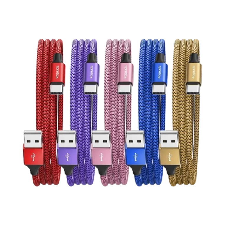 Braided USB-C charging cable in red, purple, pink, blue, and gold with reinforced connectors.