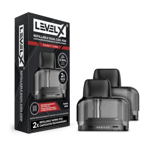 Level X refillable 5.5mL pods with dual mesh coils (0.6Ω and 1.2Ω) and flip-airflow adjustment; available for Calgary delivery.