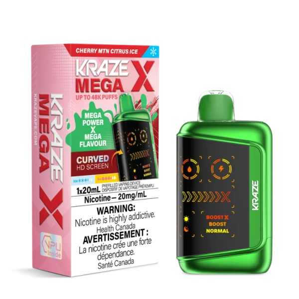Kraze MEGA X disposable vape with 48,000 puffs, curved HD display, 28W Boost X mode, and 1000mAh battery; available for same-day delivery in Calgary.