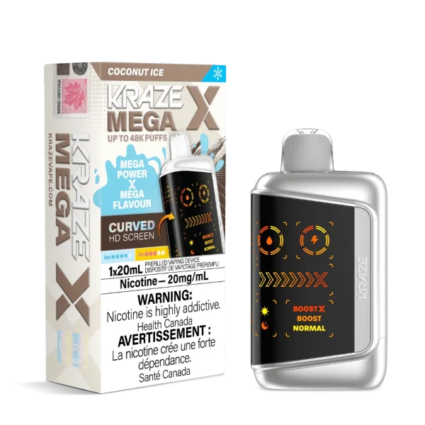 Kraze MEGA X disposable vape with 48,000 puffs, curved HD display, 28W Boost X mode, and 1000mAh battery; available for same-day delivery in Calgary.