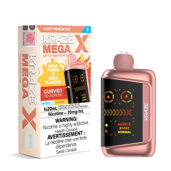 Kraze MEGA X disposable vape with 48,000 puffs, curved HD display, 28W Boost X mode, and 1000mAh battery; available for same-day delivery in Calgary.
