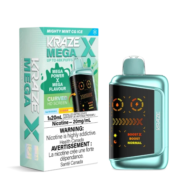 Kraze MEGA X disposable vape with 48,000 puffs, curved HD display, 28W Boost X mode, and 1000mAh battery; available for same-day delivery in Calgary.