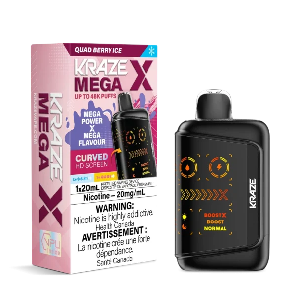 Kraze MEGA X disposable vape with 48,000 puffs, curved HD display, 28W Boost X mode, and 1000mAh battery; available for same-day delivery in Calgary.