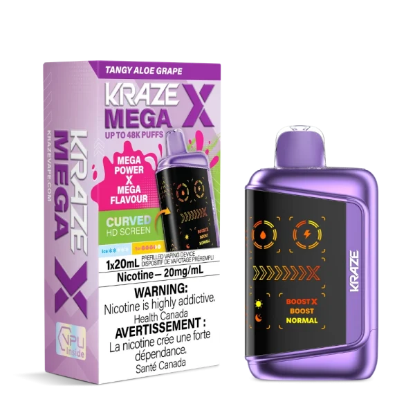 Kraze MEGA X disposable vape with 48,000 puffs, curved HD display, 28W Boost X mode, and 1000mAh battery; available for same-day delivery in Calgary.
