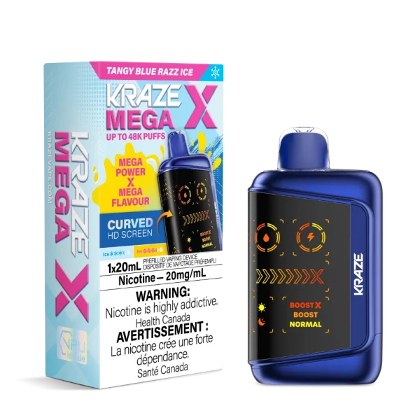 Kraze MEGA X disposable vape with 48,000 puffs, curved HD display, 28W Boost X mode, and 1000mAh battery; available for same-day delivery in Calgary.
