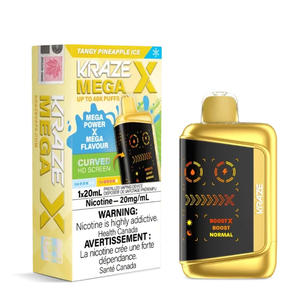 Kraze MEGA X disposable vape with 48,000 puffs, curved HD display, 28W Boost X mode, and 1000mAh battery; available for same-day delivery in Calgary.
