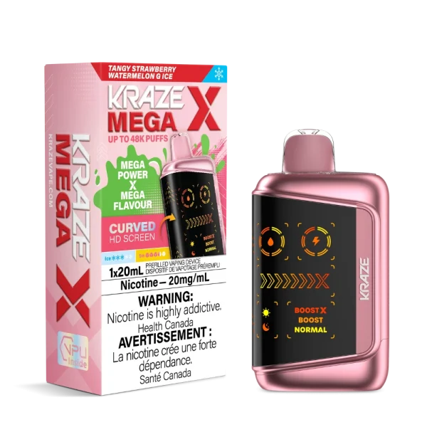 Kraze MEGA X disposable vape with 48,000 puffs, curved HD display, 28W Boost X mode, and 1000mAh battery; available for same-day delivery in Calgary.