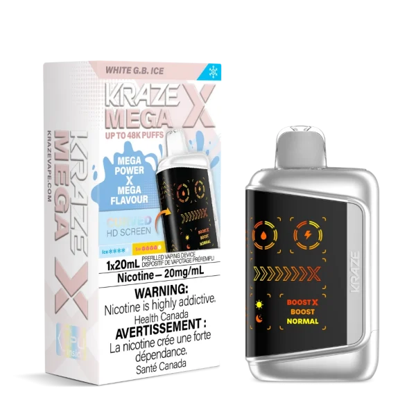 Kraze MEGA X disposable vape with 48,000 puffs, curved HD display, 28W Boost X mode, and 1000mAh battery; available for same-day delivery in Calgary.