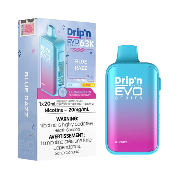 Drip’n Evo 63,000 puff disposable vape with triple-mode firing (Eco, Normal, Boost), 20mL capacity, and digital display; available for Calgary delivery.