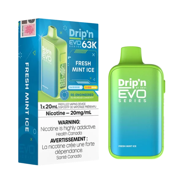 Drip’n Evo 63,000 puff disposable vape with triple-mode firing (Eco, Normal, Boost), 20mL capacity, and digital display; available for Calgary delivery.