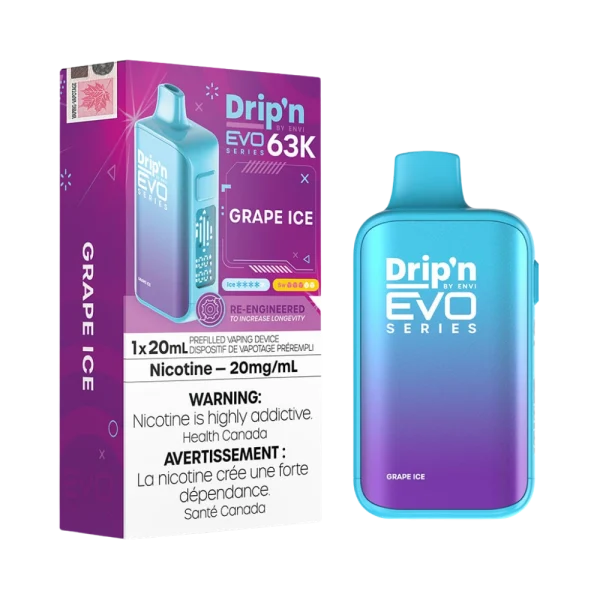 Drip’n Evo 63,000 puff disposable vape with triple-mode firing (Eco, Normal, Boost), 20mL capacity, and digital display; available for Calgary delivery.