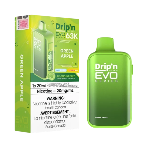 Drip’n Evo 63,000 puff disposable vape with triple-mode firing (Eco, Normal, Boost), 20mL capacity, and digital display; available for Calgary delivery.