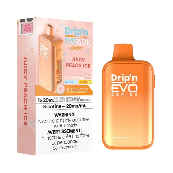 Drip’n Evo 63,000 puff disposable vape with triple-mode firing (Eco, Normal, Boost), 20mL capacity, and digital display; available for Calgary delivery.